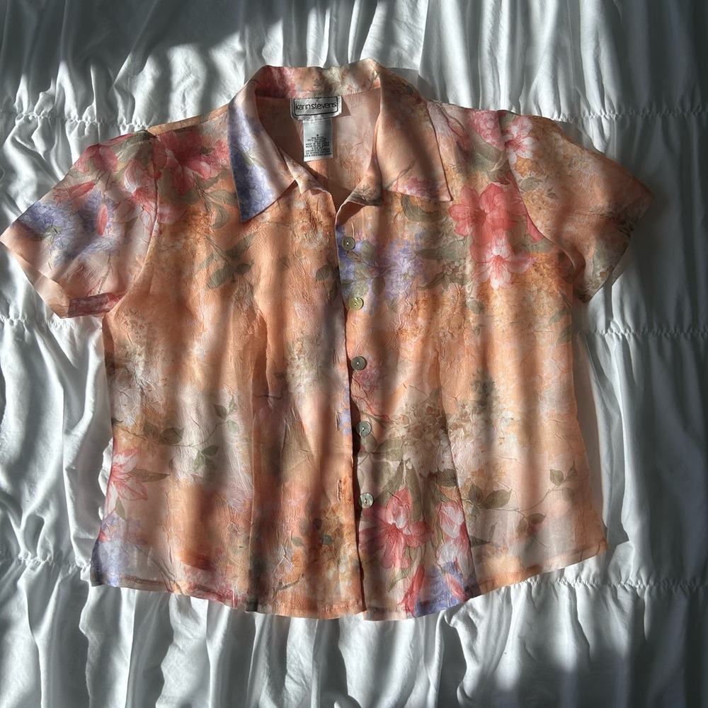 VINTAGE Karin Stevens Peach Floral Sheer Blouse